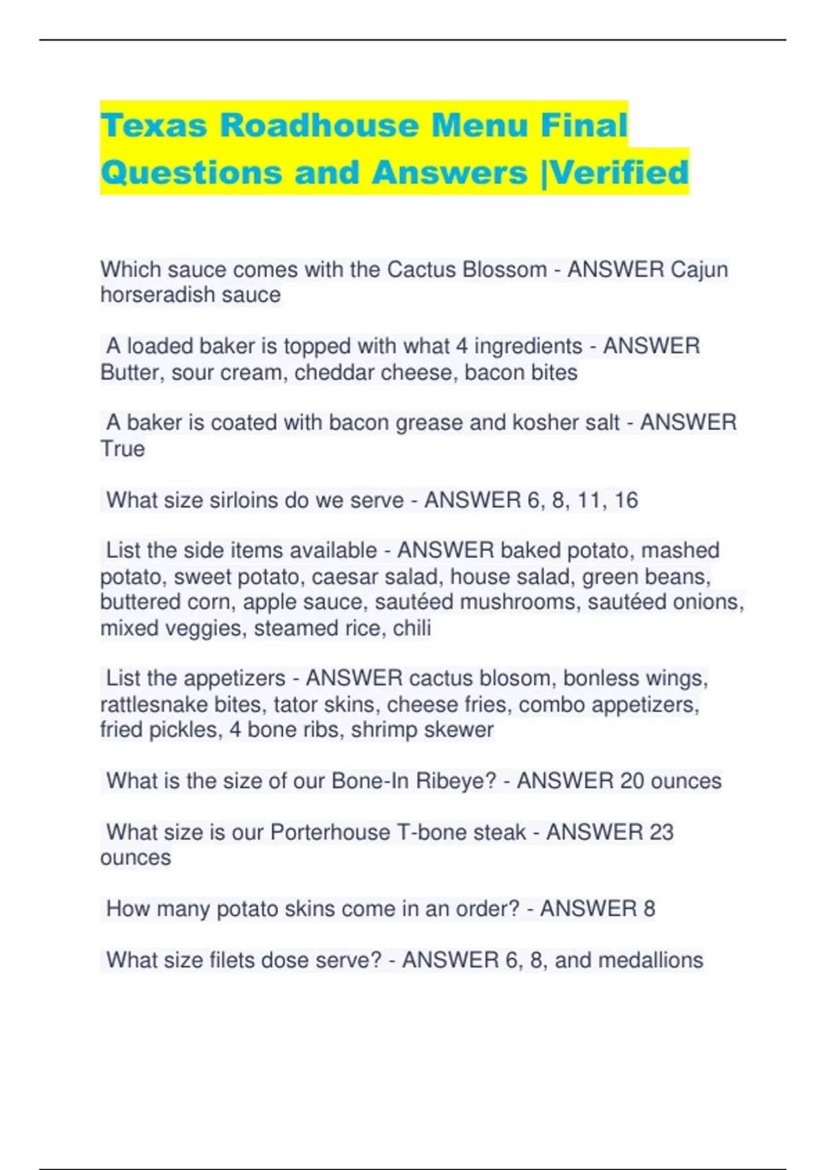 Menu Questions Texas Roadhouse Menu Final Questions and Answers |Verified - Texas ...