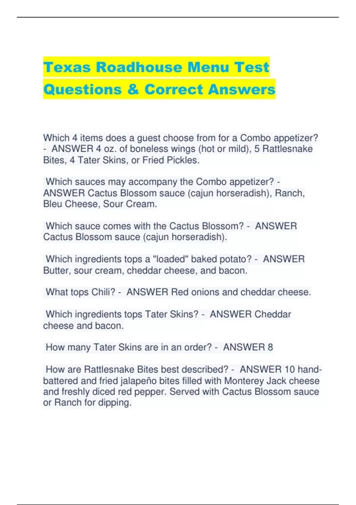 Texas Roadhouse Menu Test Questions & Correct Answers Texas Roadhouse Stuvia US