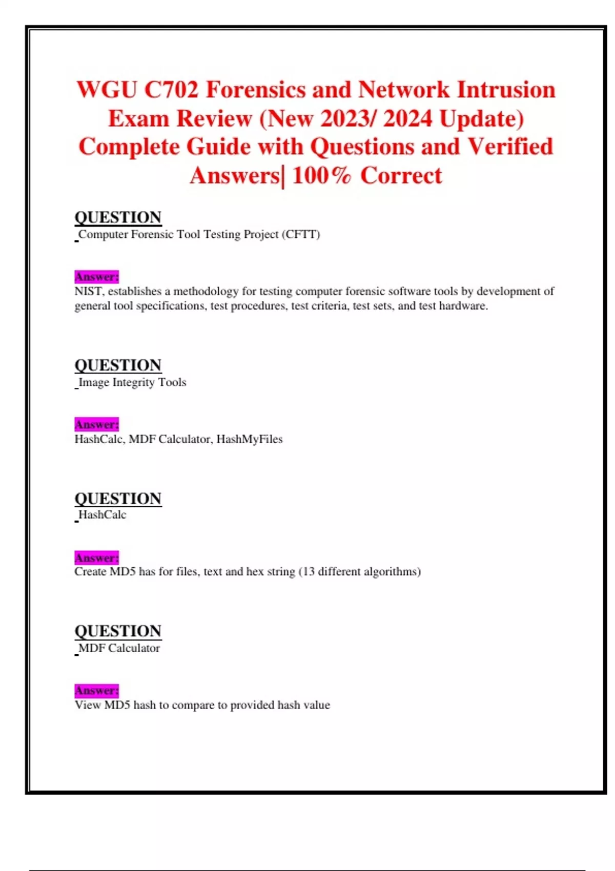 WGU C702 Forensics and Network Intrusion Exam Review (New 2023/ 2024