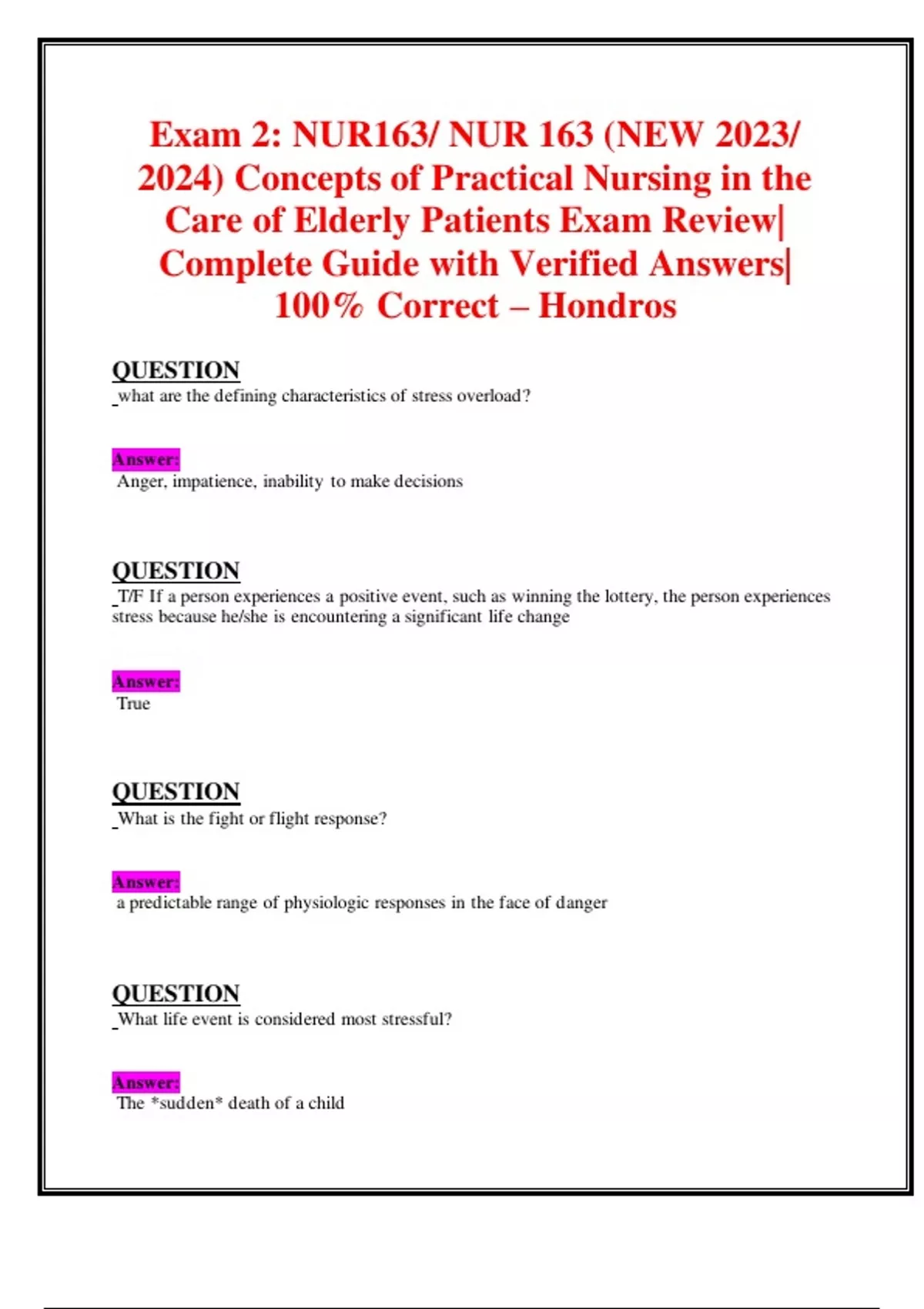 Exam 2: NUR163/ NUR 163 (NEW 2023/ 2024) Concepts of Practical Nursing ...