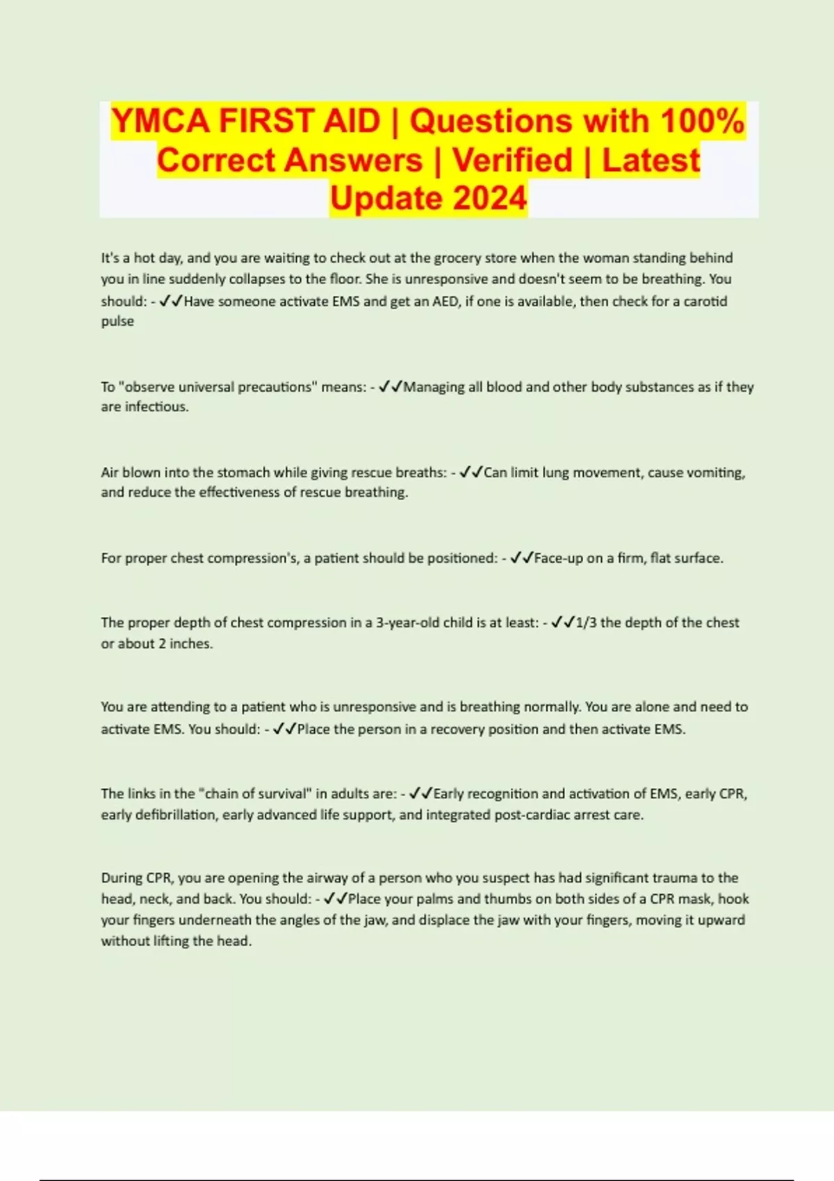 YMCA FIRST AID Questions with 100 Correct Answers Verified