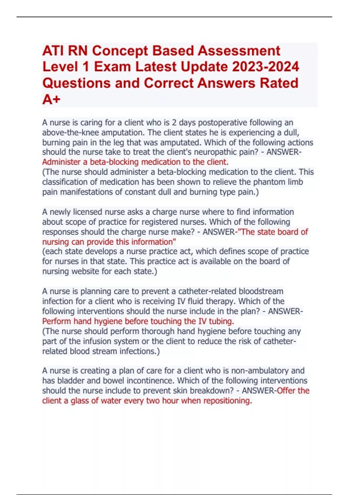 ATI RN Concept Based Assessment Level 1 Exam Latest Update Questions ...
