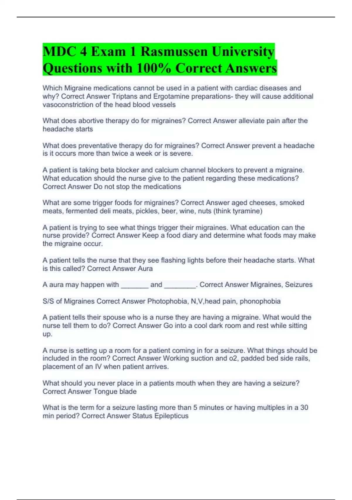 MDC 4 Exam 1 Rasmussen University Questions with 100 Correct Answers Stuvia US