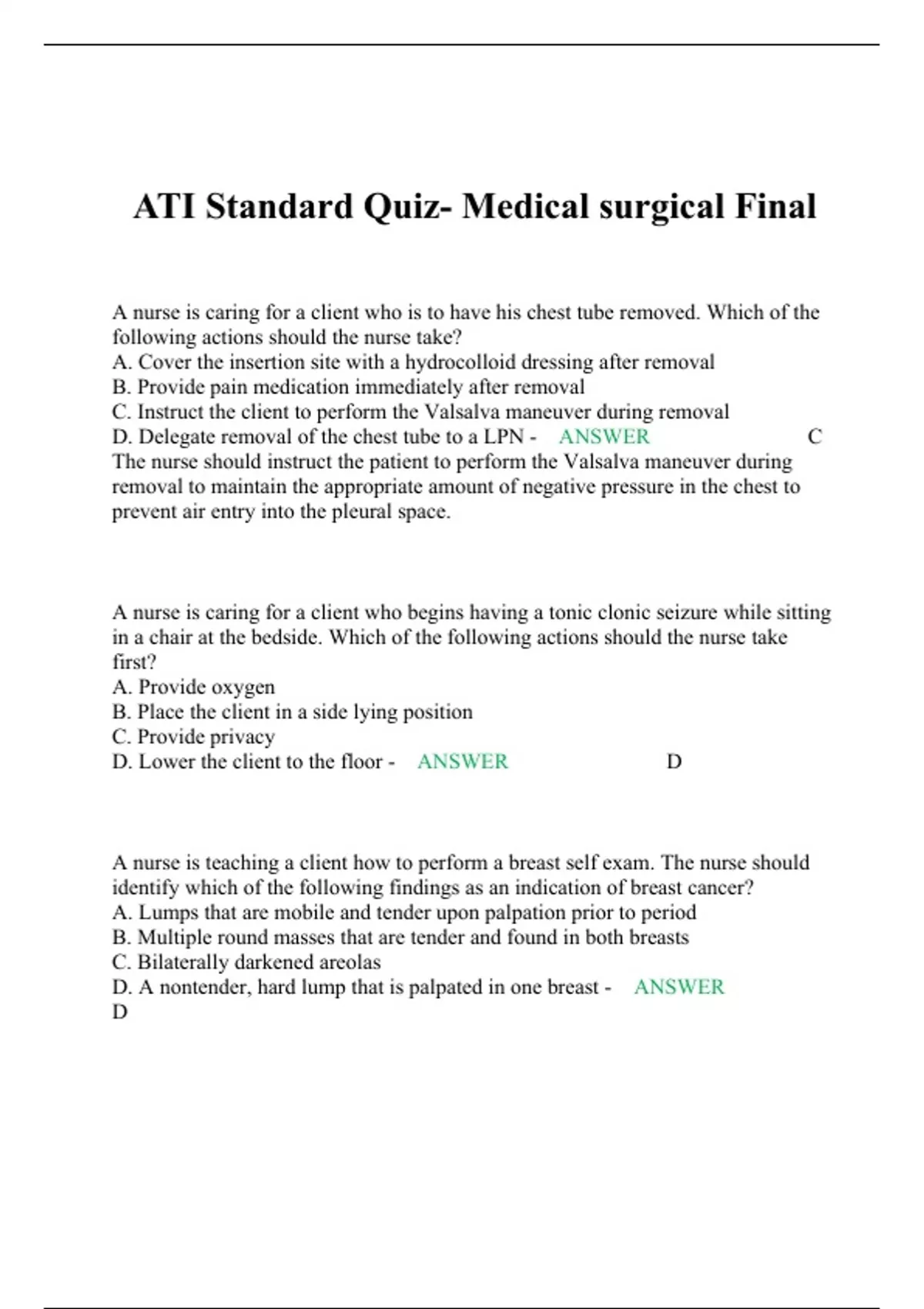 ATI Standard Quiz Medical surgical Final ATI Med Surg Stuvia US