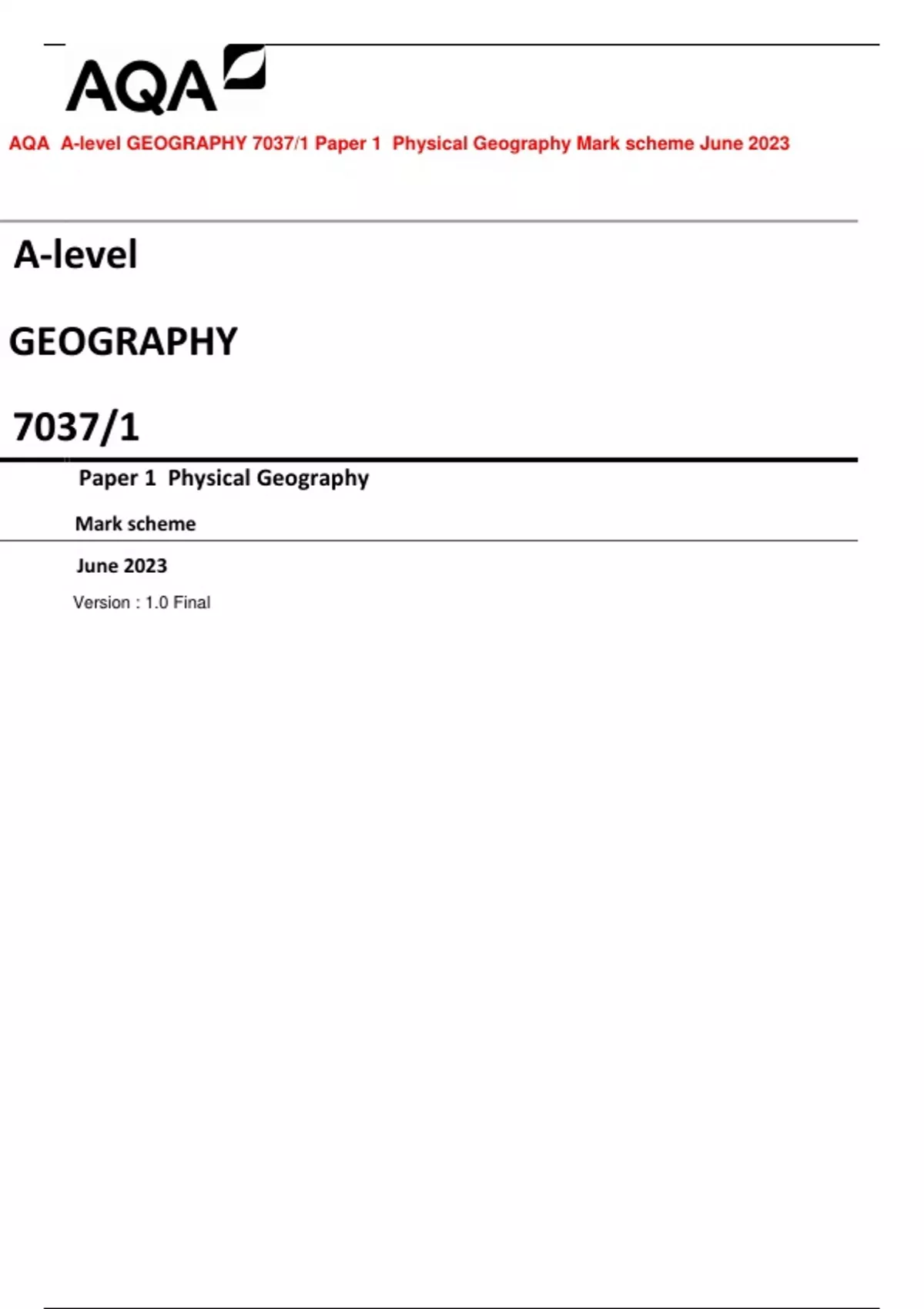 AQA A-level GEOGRAPHY 7037/1 Paper 1 QP AND MS 2023 - Stuvia US