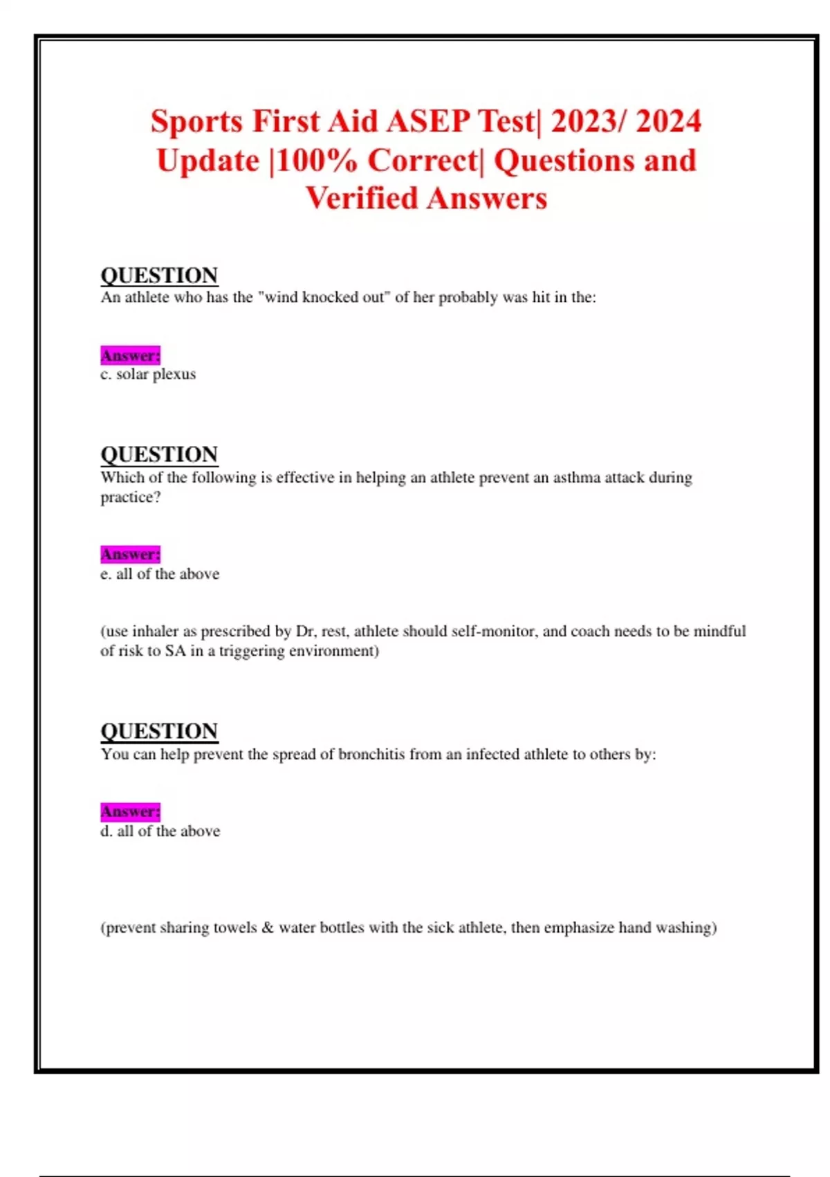 Sports First Aid ASEP Test 2023/ 2024 Update 100 Correct Questions