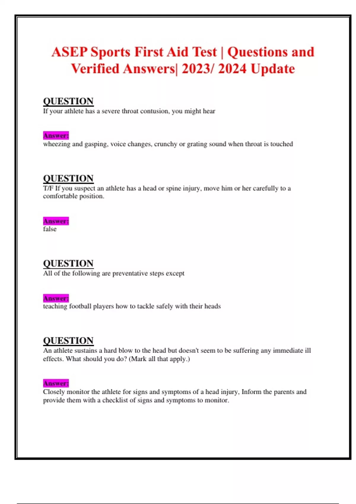 ASEP Sports First Aid Test Questions and Verified Answers 2023/ 2024