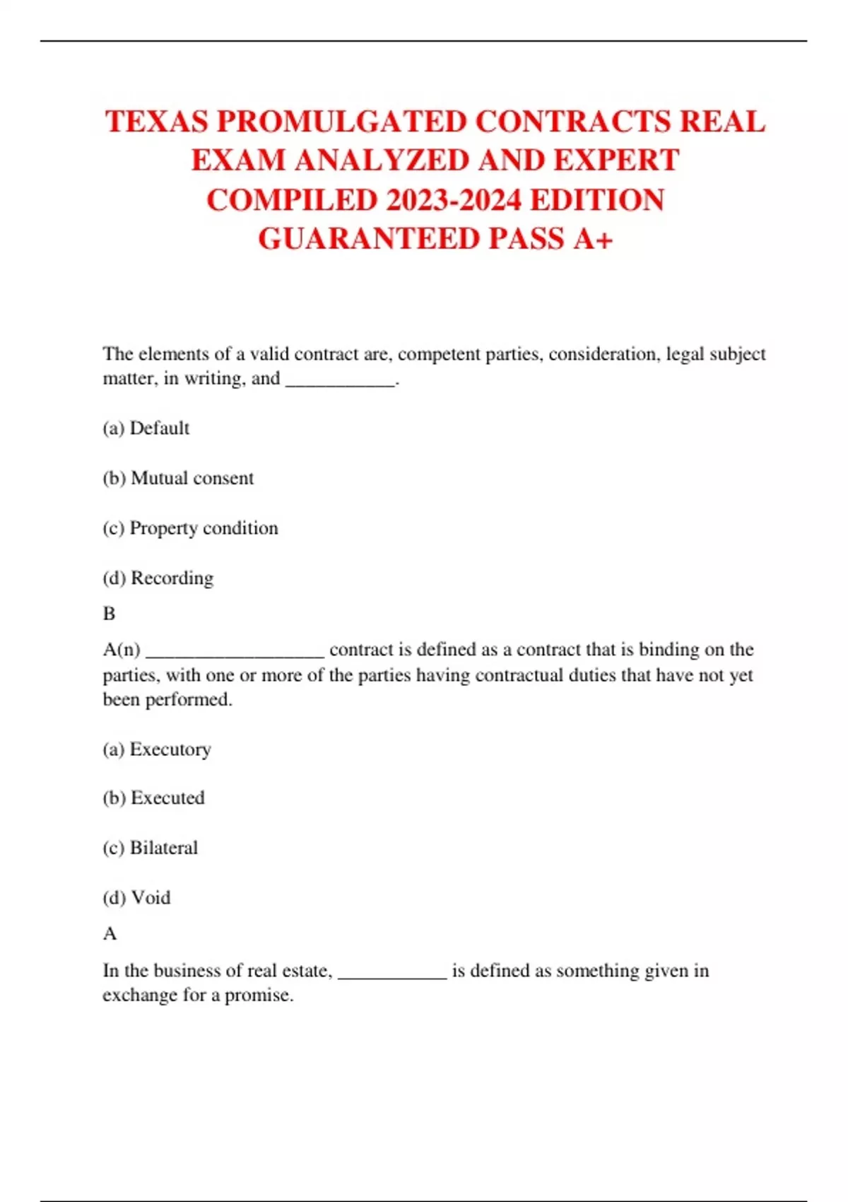 TEXAS PROMULGATED CONTRACTS REAL EXAM ANALYZED AND EXPERT COMPILED