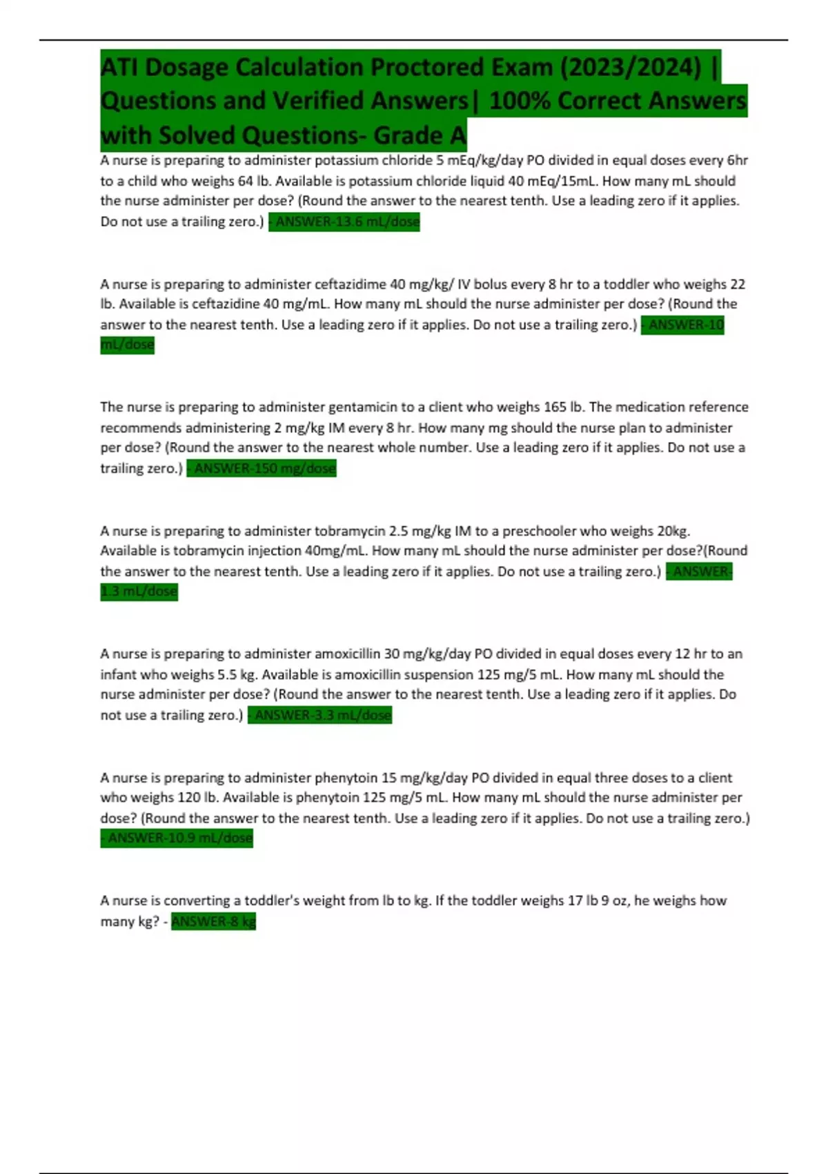 ATI Dosage Calculation Proctored Exam (2023/2024) | Questions and ...