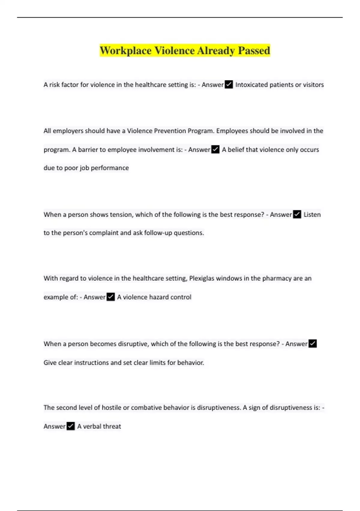 Workplace Violence Questions with Correct Answers Already Passed Stuvia US