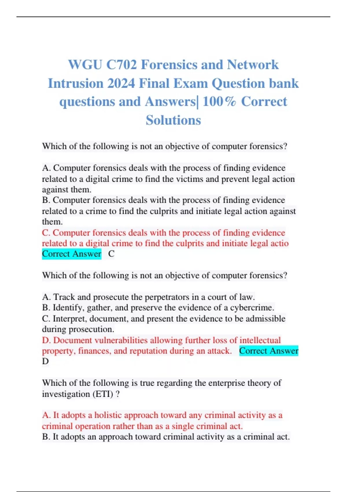 WGU C702 Forensics and Network Intrusion 2024 Final Exam Question bank