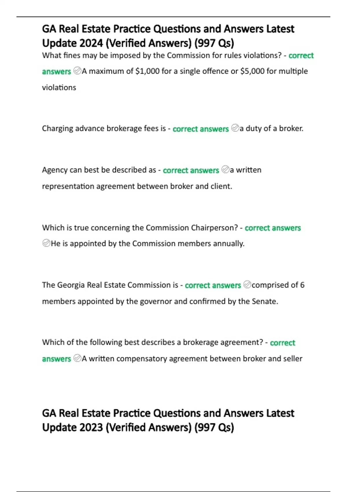 GA Real Estate Practice Questions and Answers Latest Update 2024