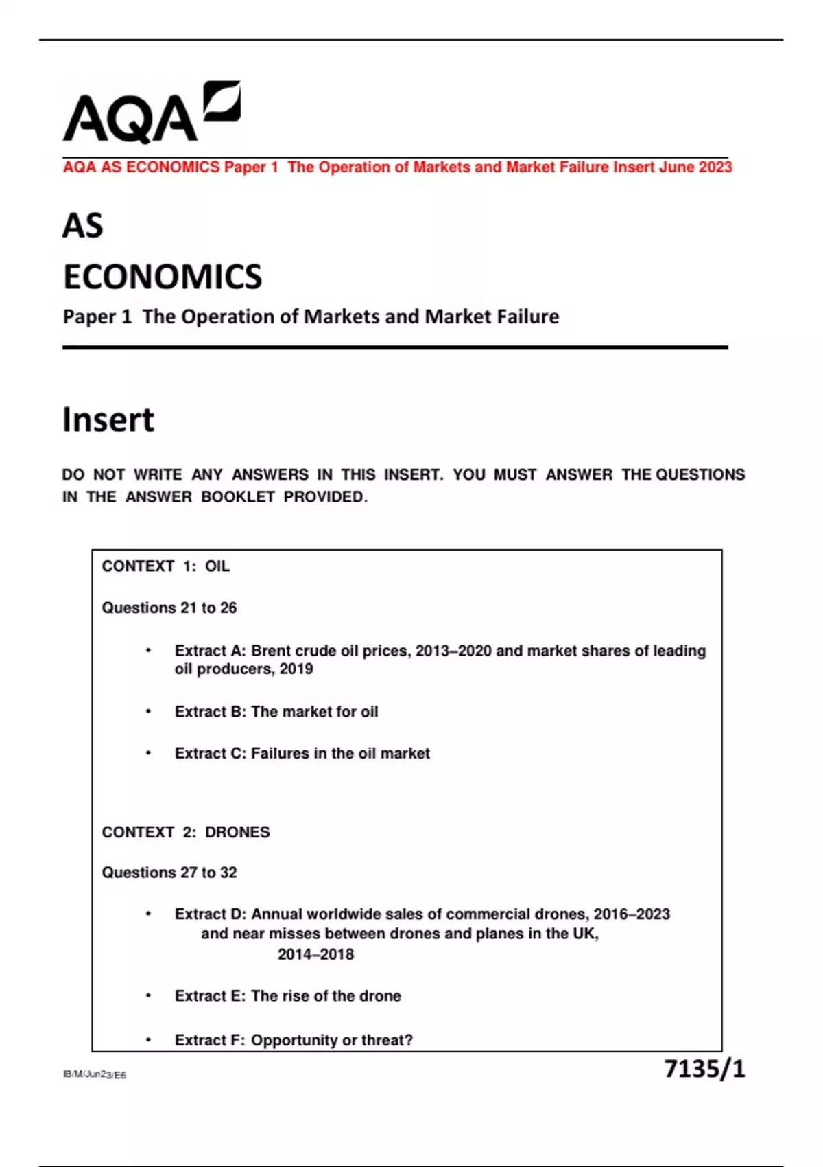 AQA AS ECONOMICS Paper 1 The Operation of Markets and Market Failure ...