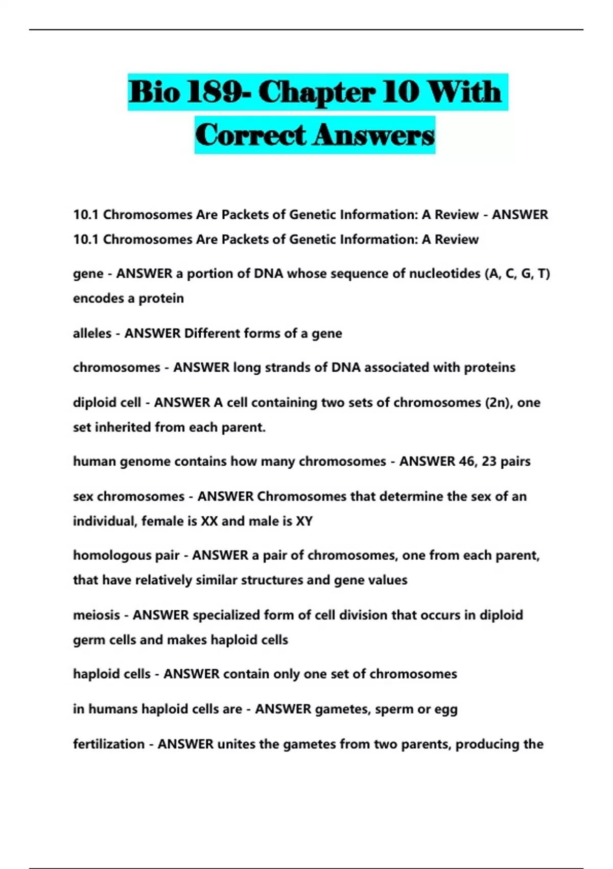 Bio 189- Chapter 10 With Correct Answers - Bio 189 - Stuvia US