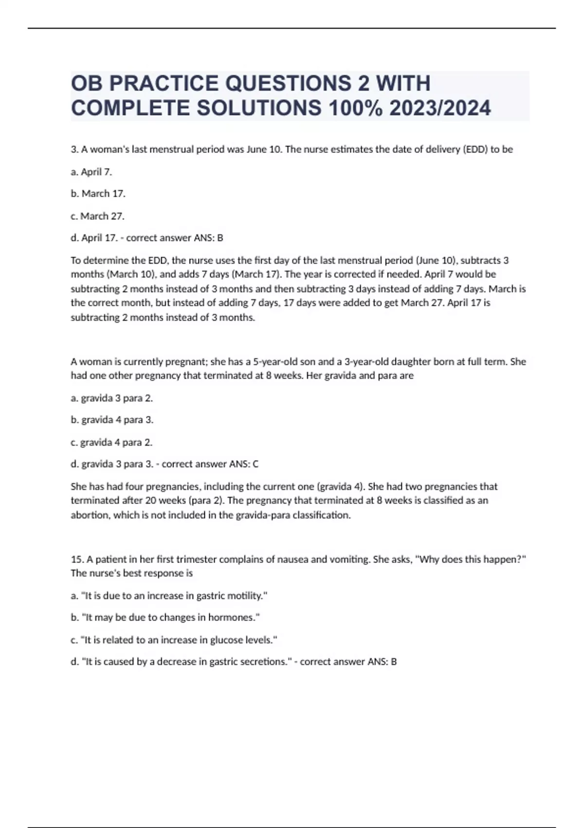 OB PRACTICE QUESTIONS 2 WITH COMPLETE SOLUTIONS 100 2023/2024