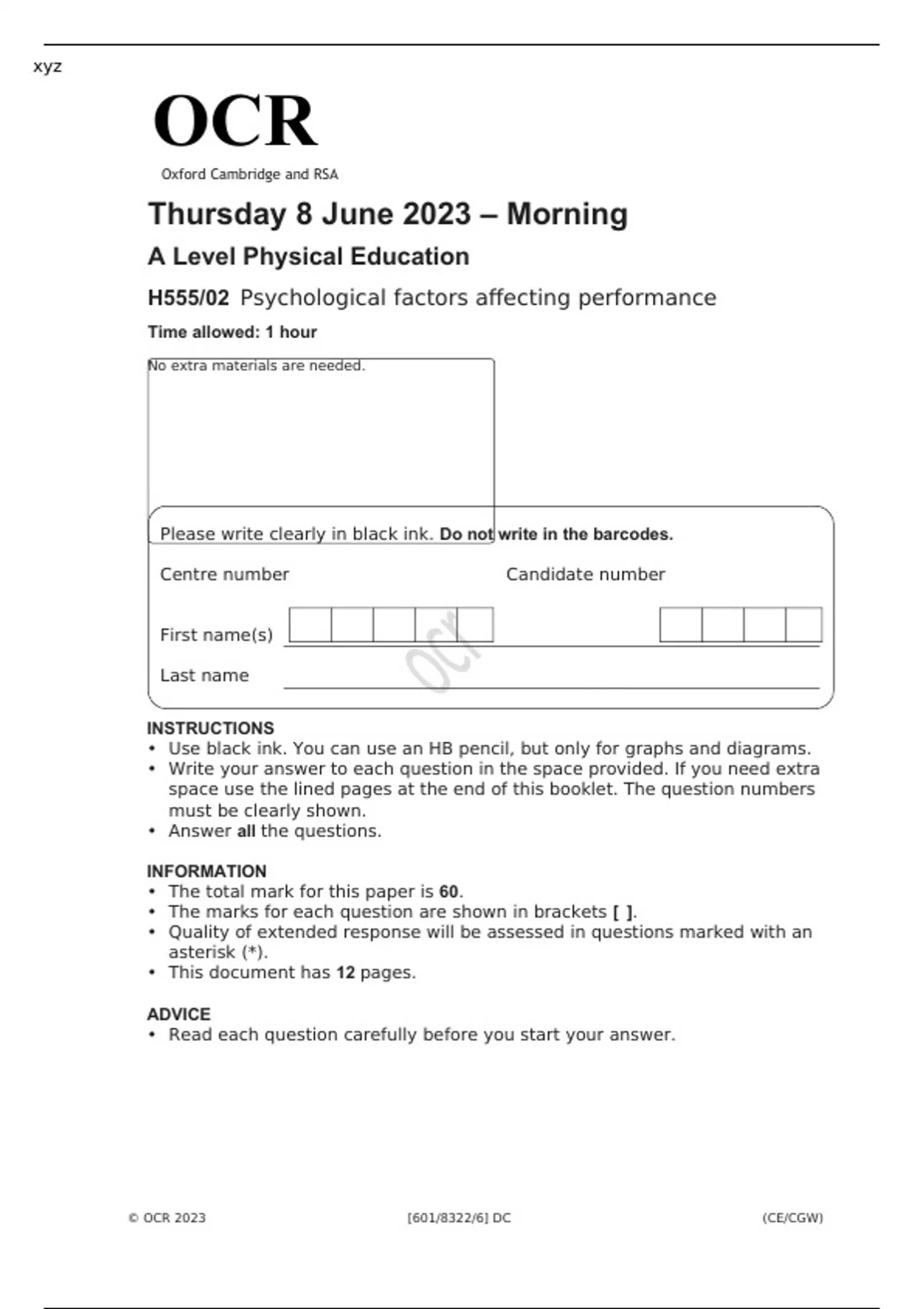 OCR A Level Physical Education PAPER 1,2 and 3 JUNE 2023 QUESTION ...