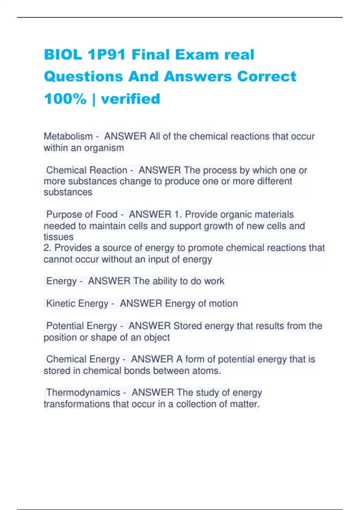 BIOL 1P91 Final Exam real Questions And Answers Correct 100% | verified ...