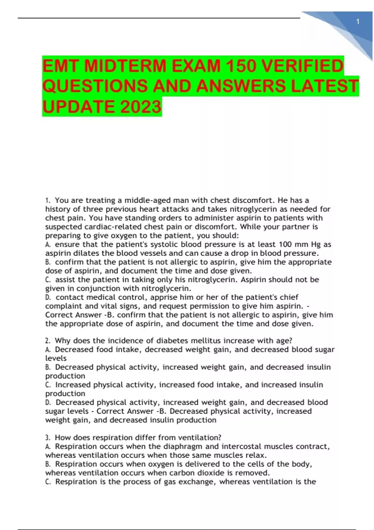 EMT MIDTERM EXAM 150 VERIFIED QUESTIONS AND ANSWERS LATEST UPDATE 2023