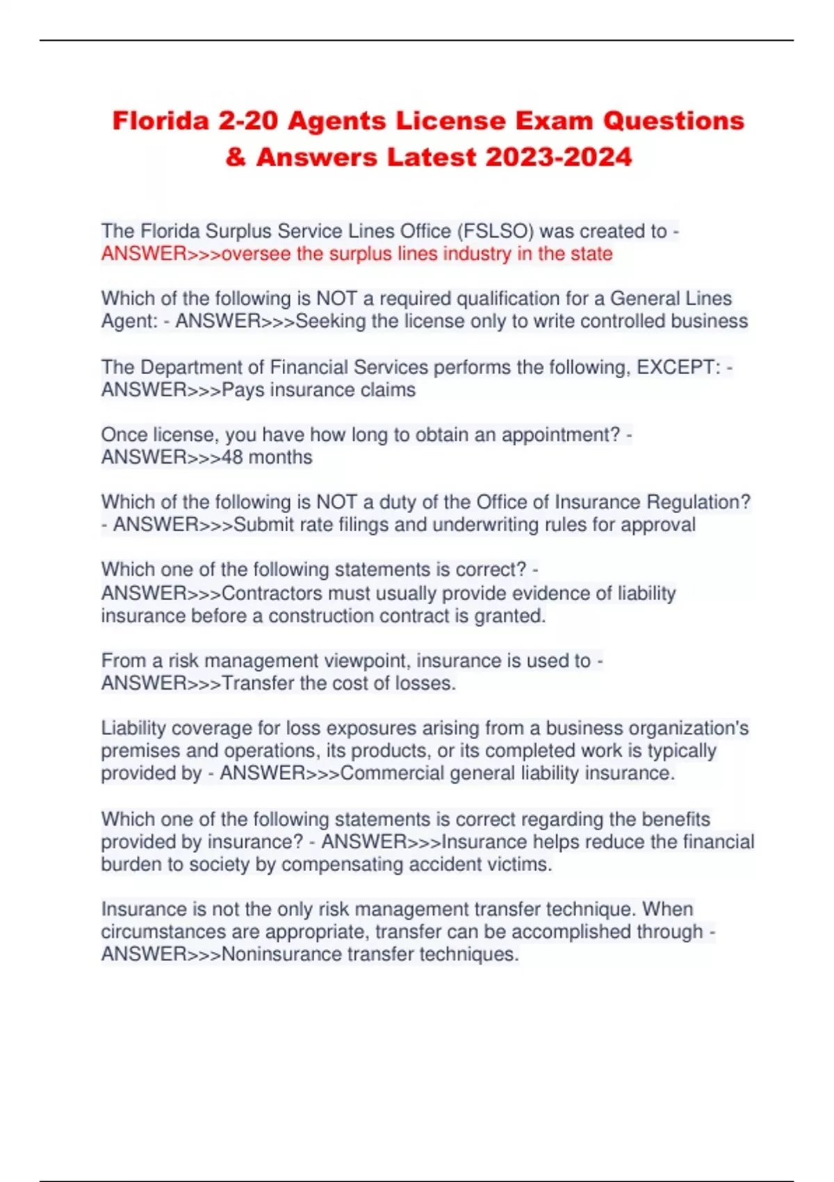 Florida 220 Agents License Exam Questions & Answers Latest Florida 2