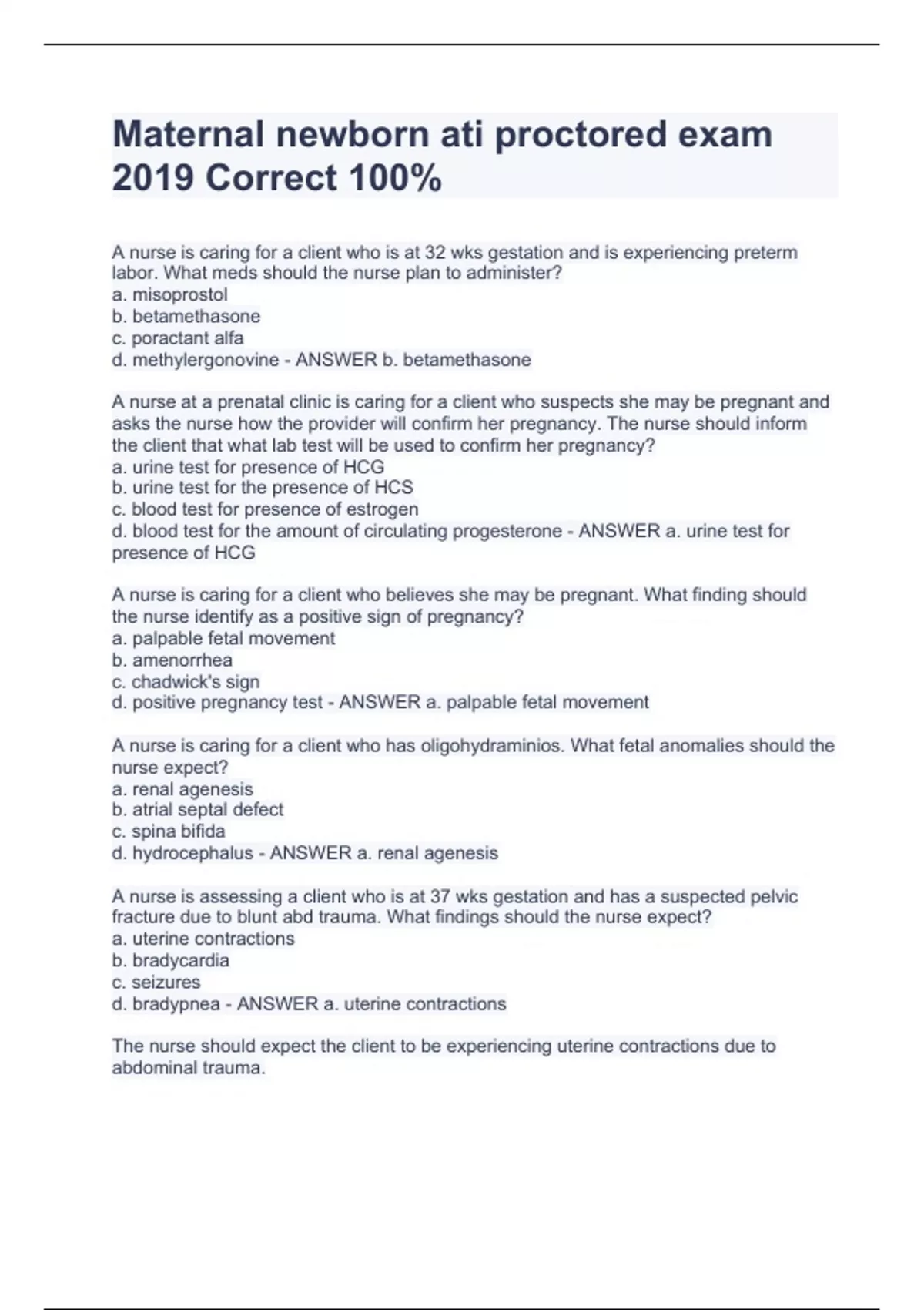 Maternal newborn ati proctored exam 2019 Correct 100 Stuvia US