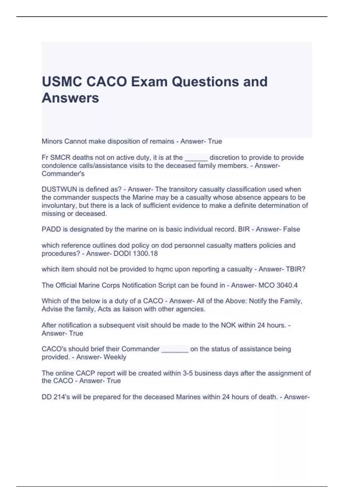 USMC CACO Exam Questions and Answers Graded A - USMC CACO - Stuvia US