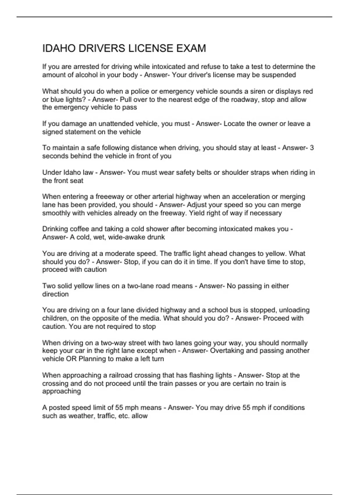 IDAHO DRIVERS LICENSE EXAM Stuvia UK