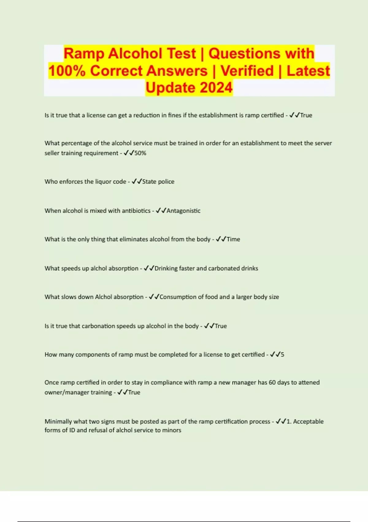 Ramp Alcohol Test Questions with 100 Correct Answers Verified