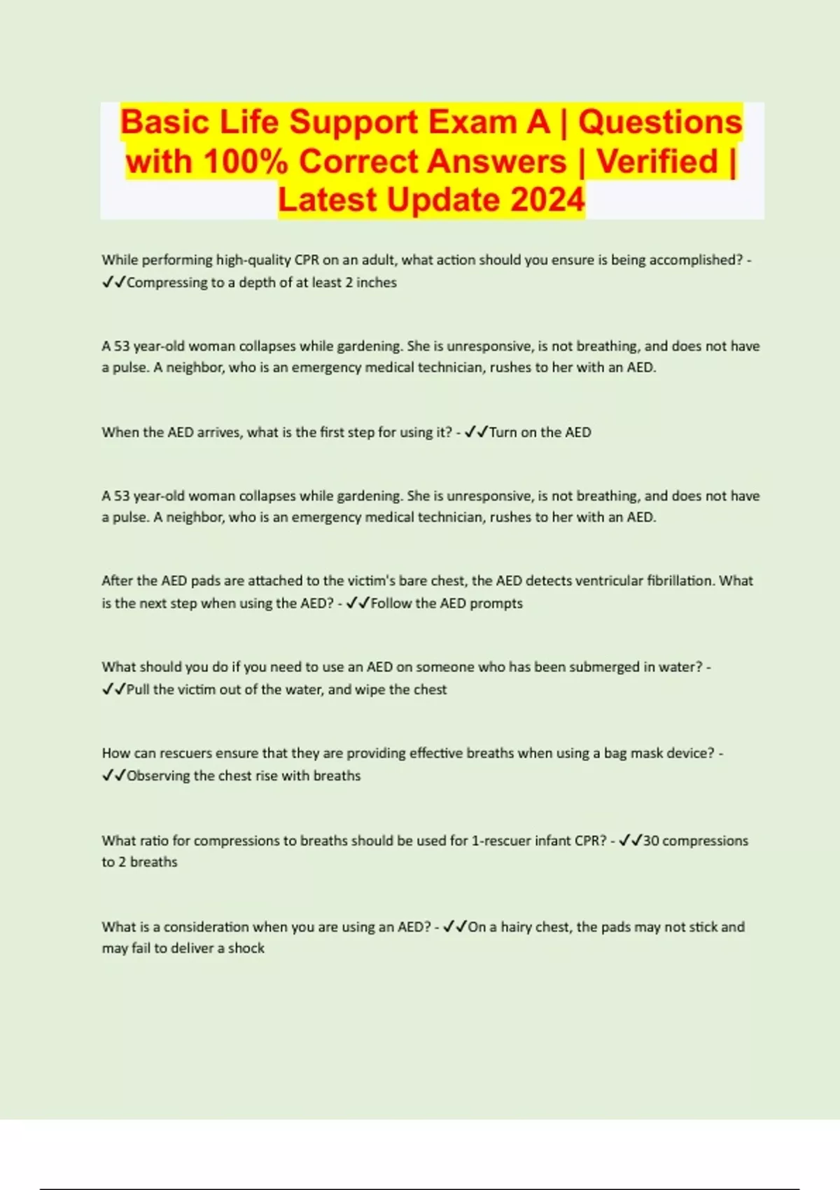 Basic Life Support Exam A Questions with 100 Correct Answers