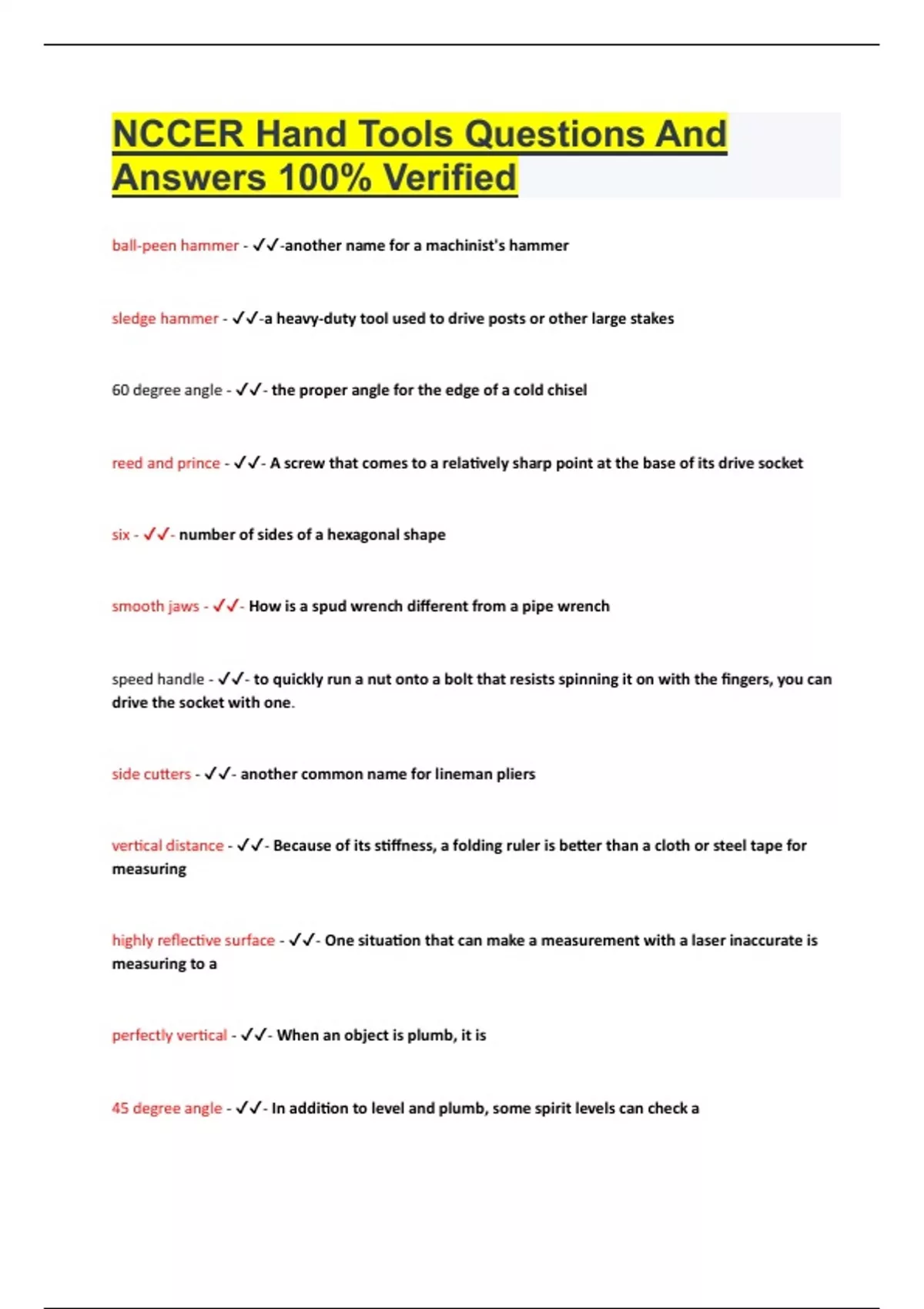 NCCER Hand Tools Questions And Answers 100 Verified Stuvia US
