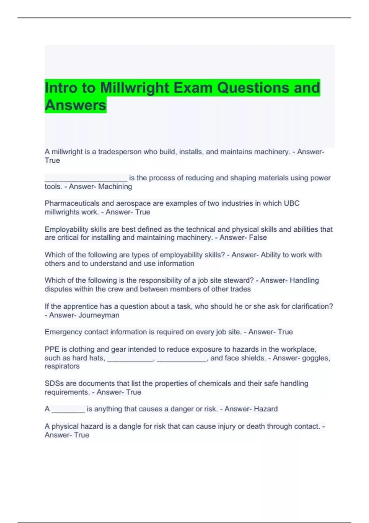 Intro to Millwright Exam Questions and Answers Stuvia US