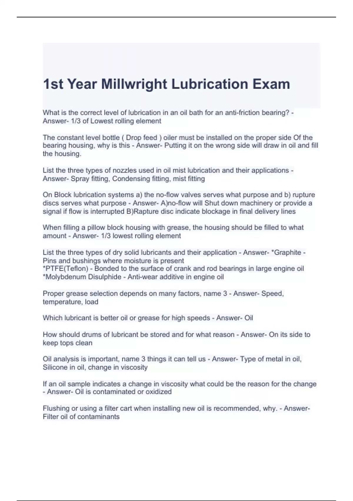1st Year Millwright Lubrication Exam Questions and Answers Millwright
