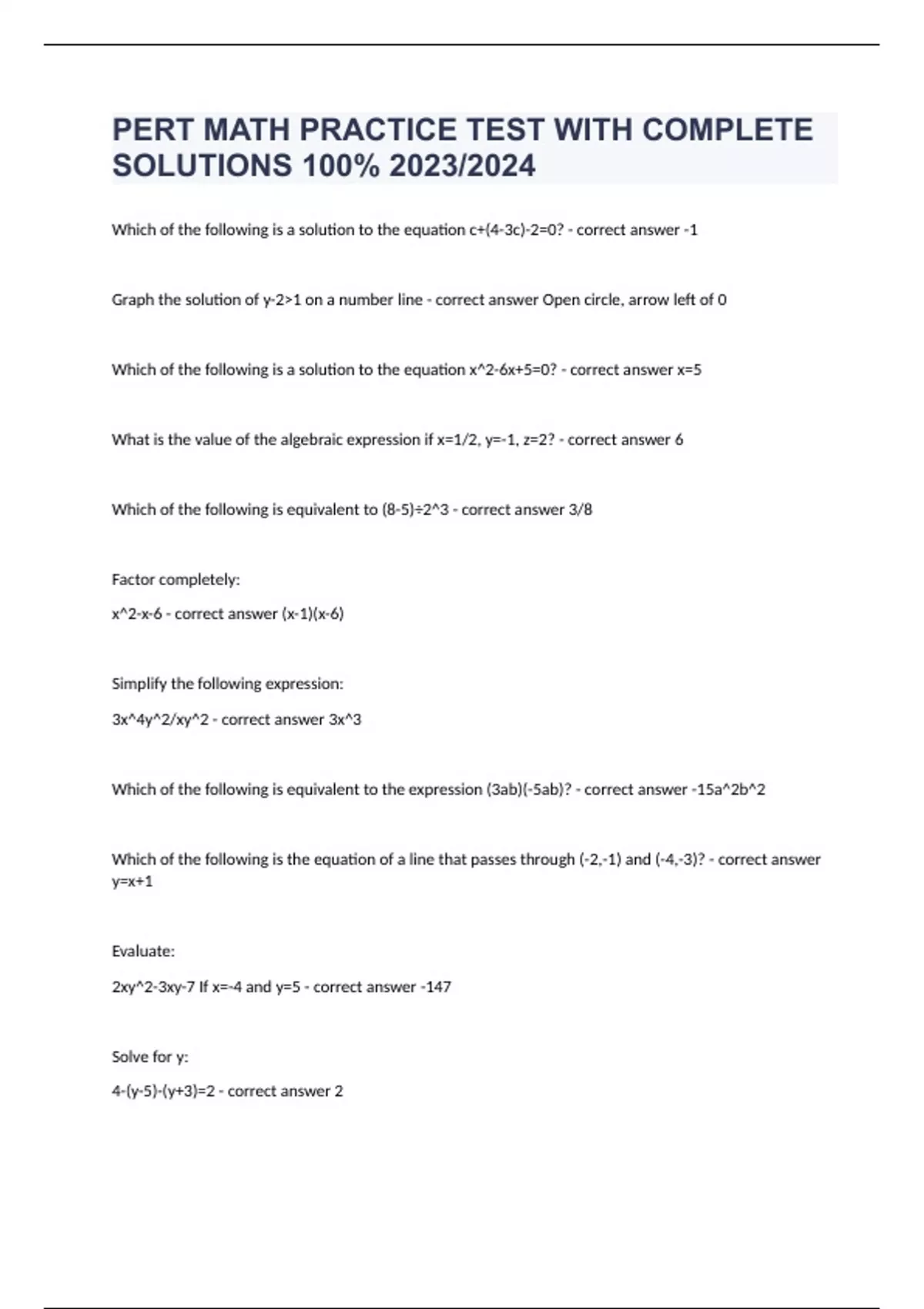 PERT MATH PRACTICE TEST WITH COMPLETE SOLUTIONS 100 2023/2024 Math