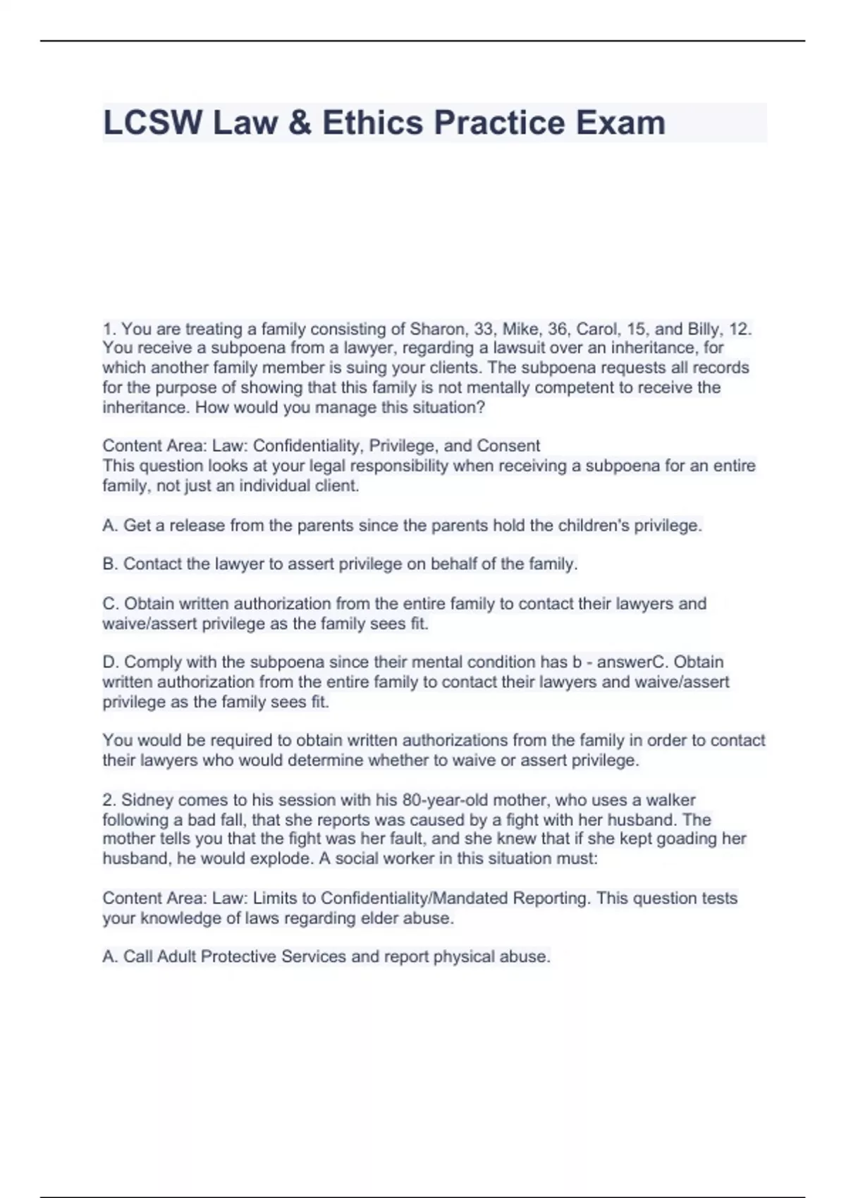 lcsw law & ethics EXAM questions and answers highly Graded LCSW