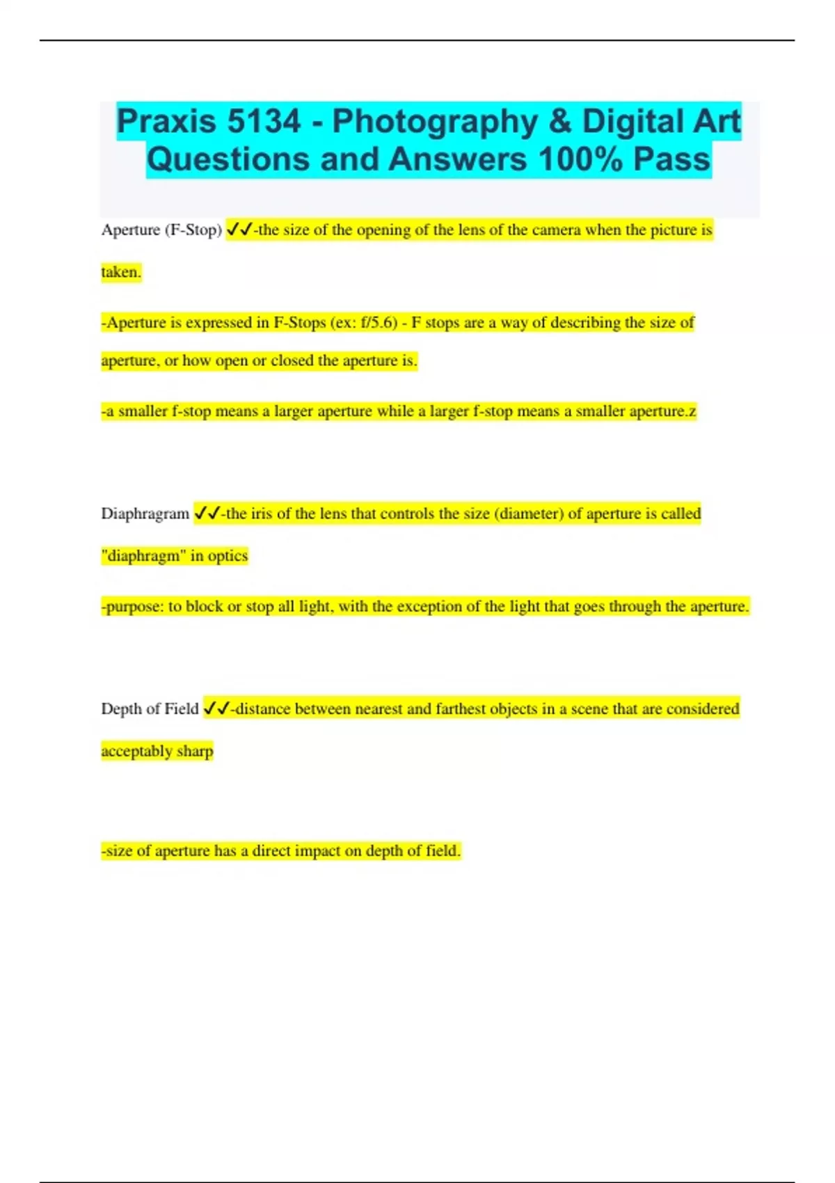 Praxis 5134 Photography & Digital Art Questions and Answers 100 Pass