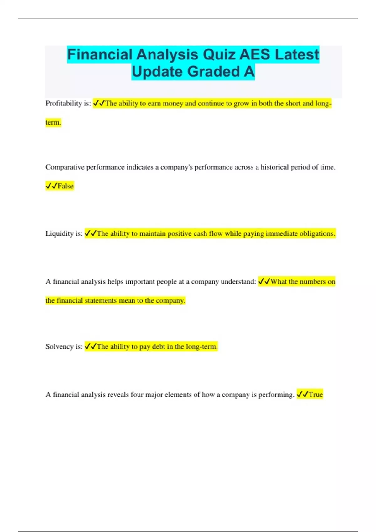 Financial Analysis Quiz AES Latest Update Graded A Stuvia US