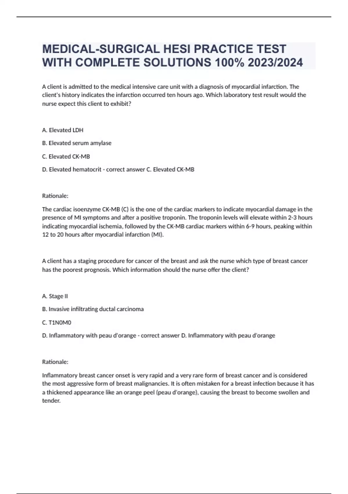 MEDICALSURGICAL HESI PRACTICE TEST WITH COMPLETE SOLUTIONS 100 2023/