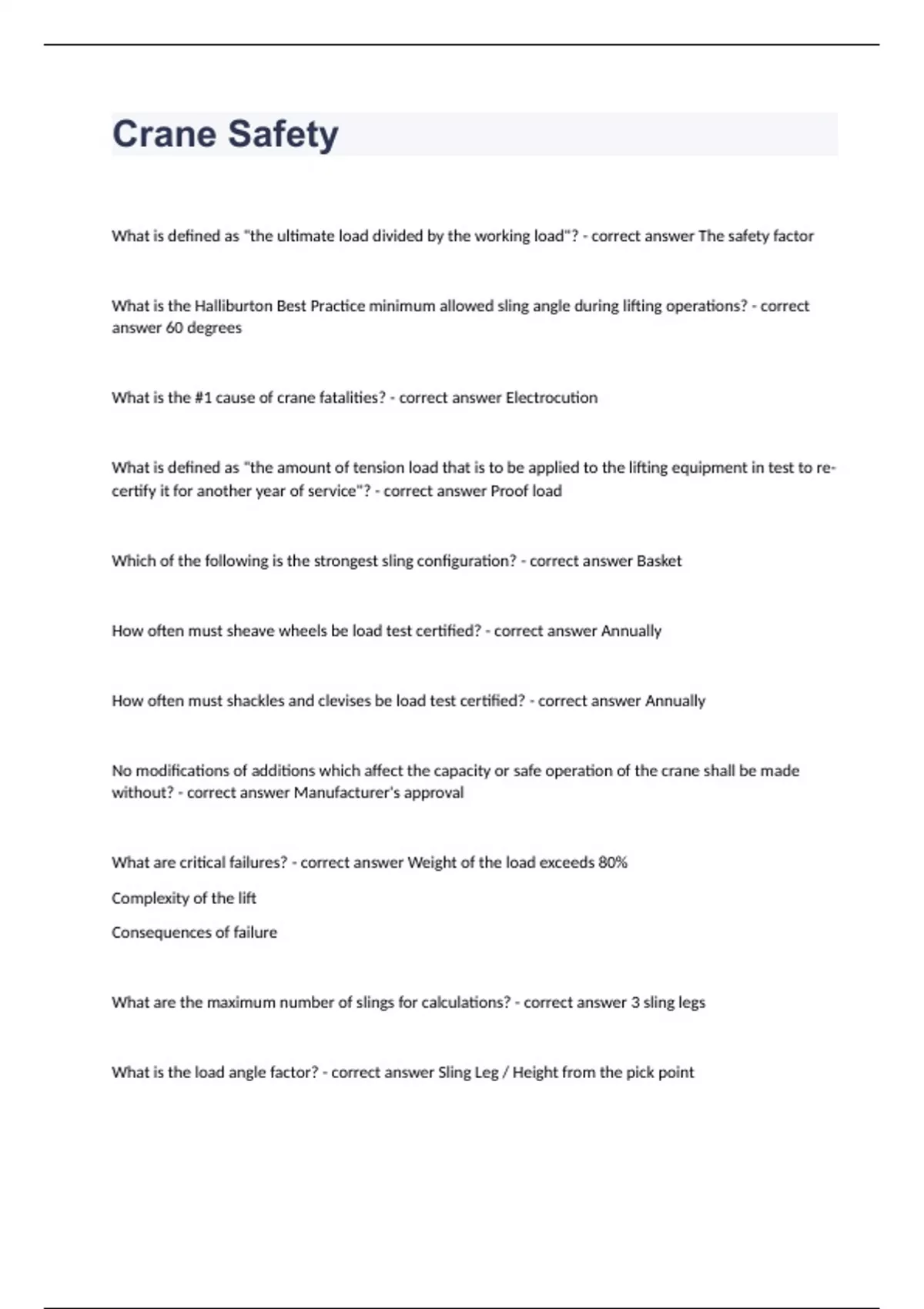 Crane Safety Question and answers correctly solved 2023/2024 CRANE