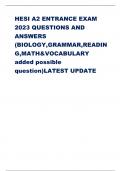 HESI A2 ENTRANCE EXAM 2023 QUESTIONS AND  ANSWERS  (BIOLOGY,GRAMMAR,READIN G,MATH&VOCABULARY added possible  question)LATEST UPDATE