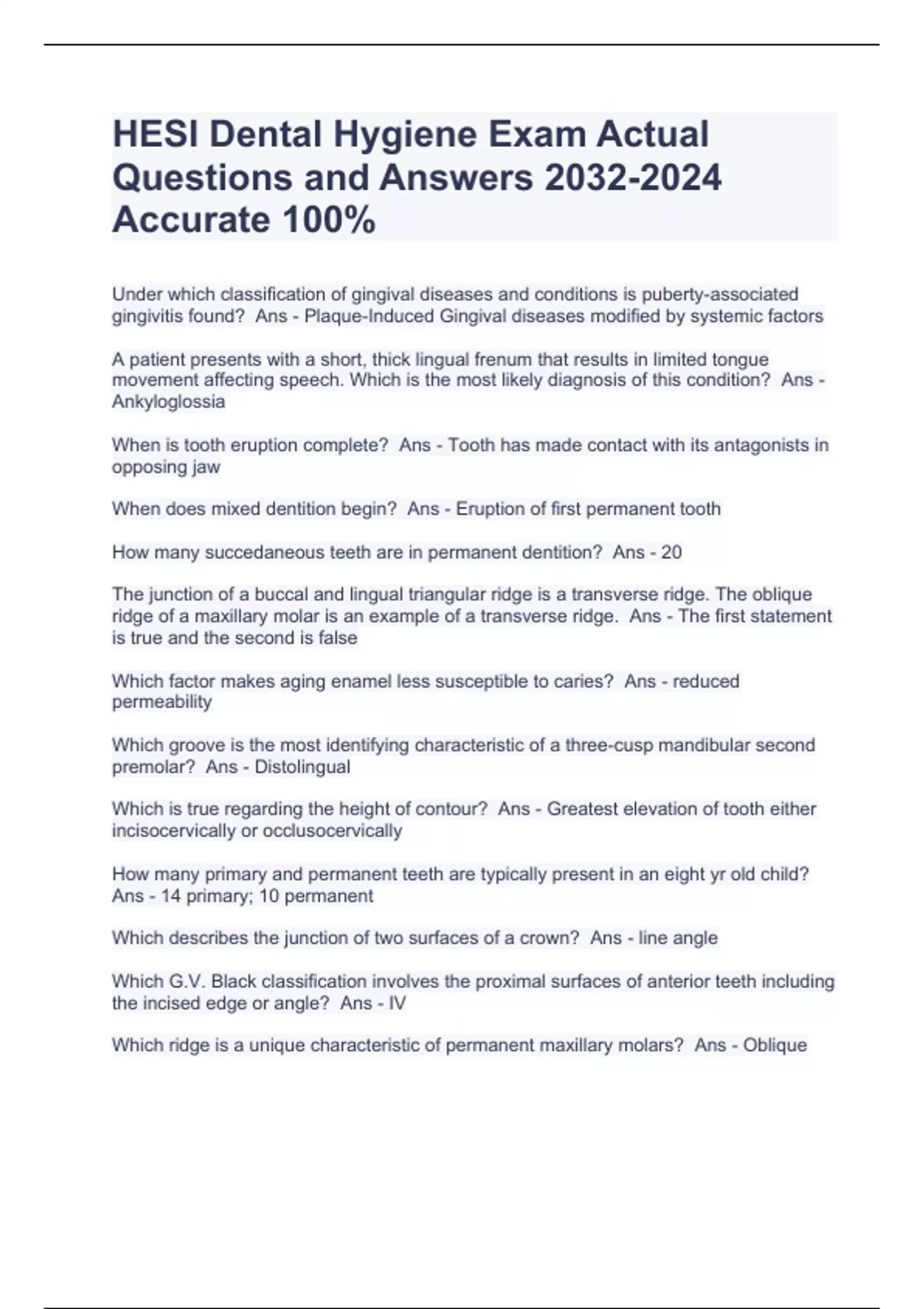 HESI Dental Hygiene Exam Actual Questions and Answers Accurate 100