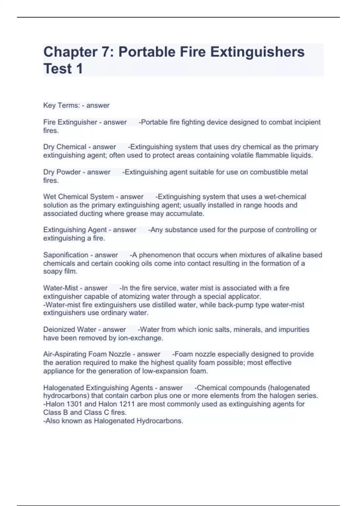 Chapter 7. Portable Fire Extinguishers Test 1 Questions with solutions