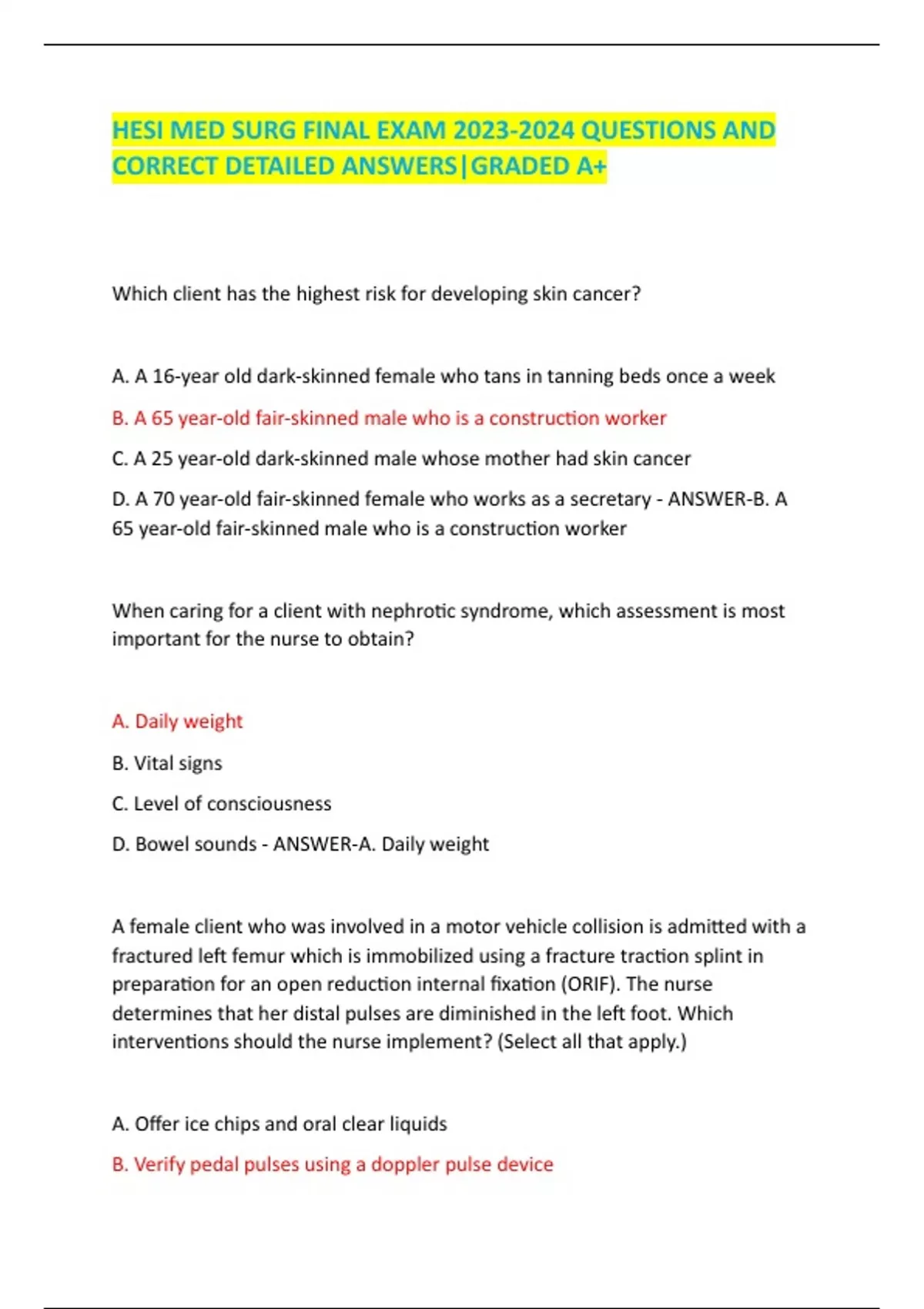 HESI MED SURG FINAL EXAM QUESTIONS AND CORRECT DETAILED ANSWERS|GRADED ...