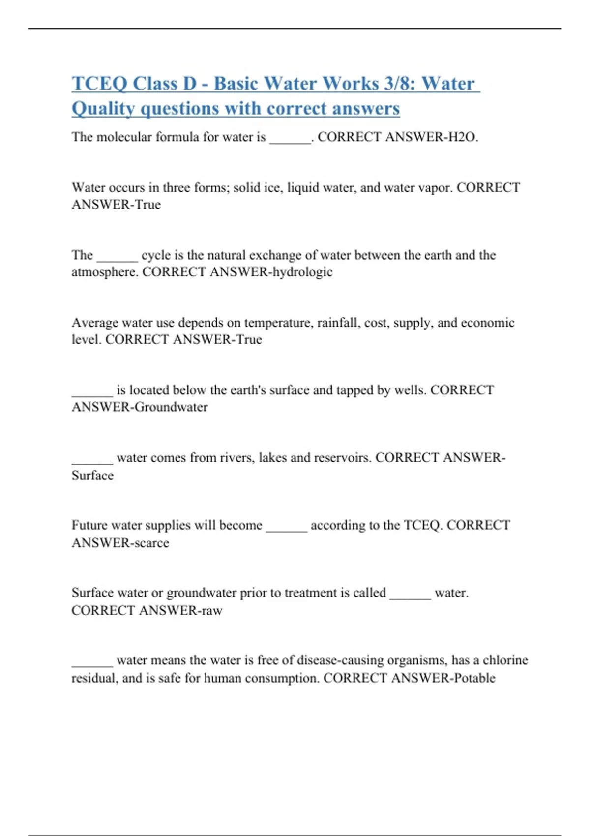 TCEQ Class D Basic Water Works 3/8 Water Quality questions with