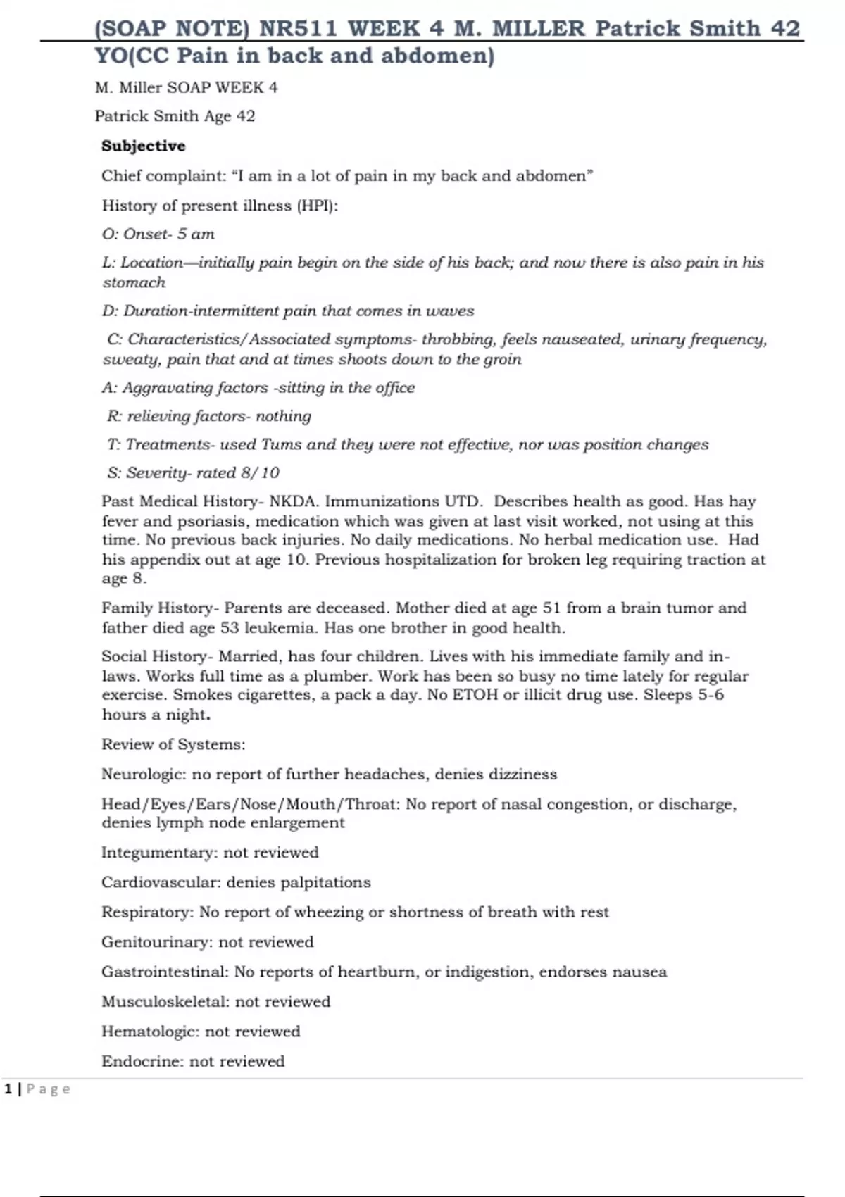 Miller Note (SOAP NOTE) NR511 WEEK 4 M. MILLER Patrick Smith 42 YO(CC Pain in back ...