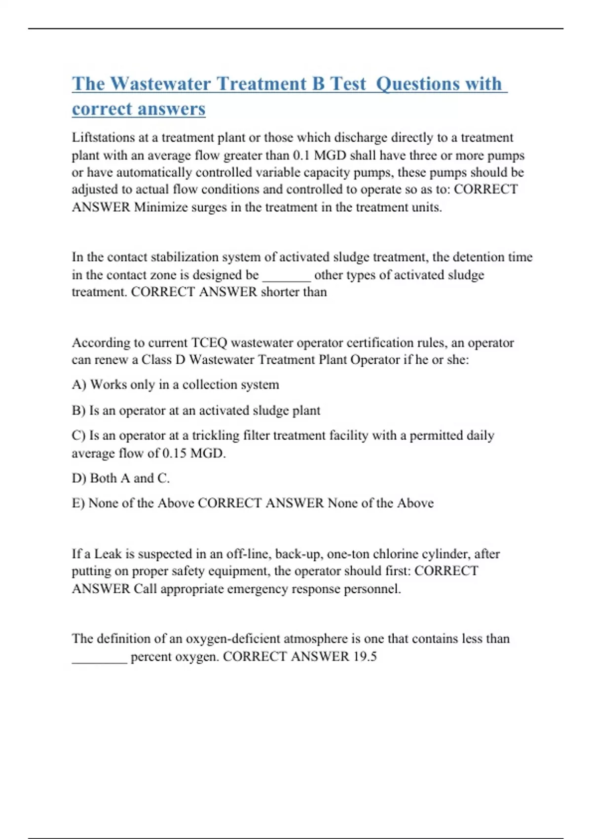 The Wastewater Treatment B Test Questions with correct answers Stuvia US