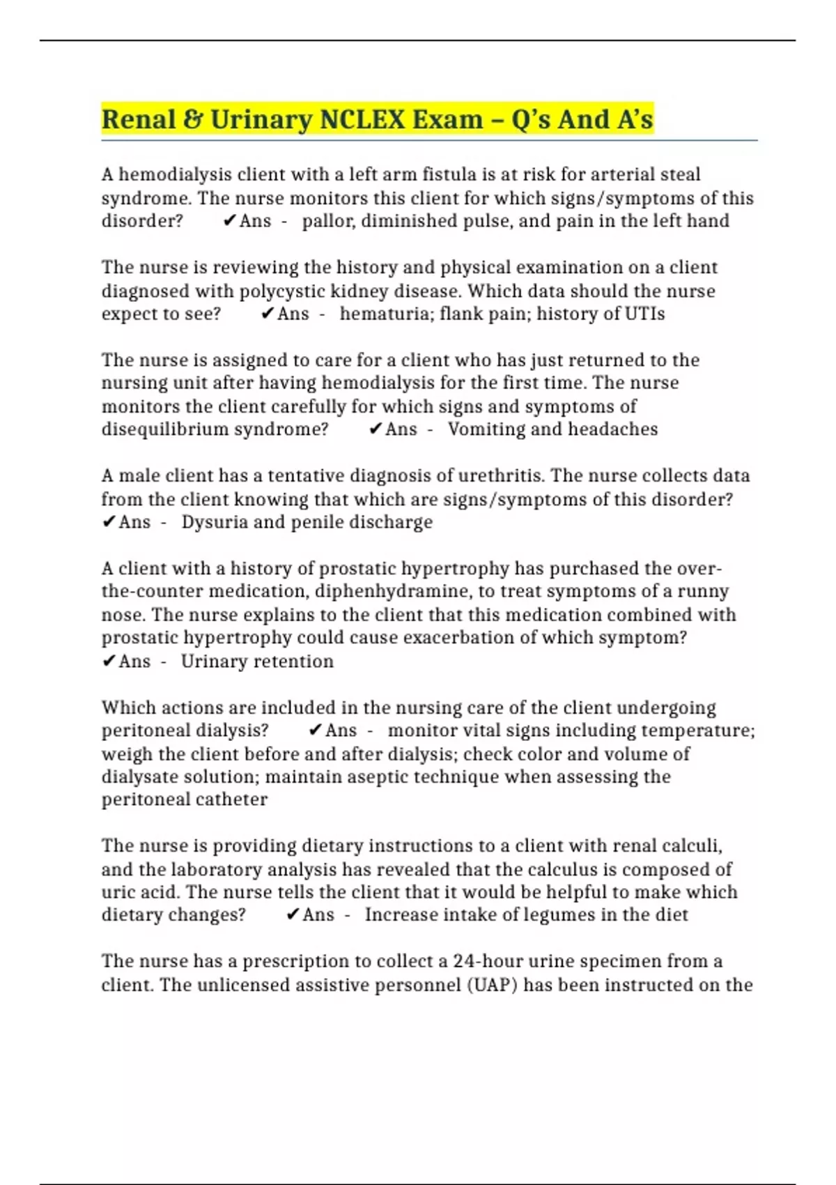 Renal & Urinary NCLEX Exam Q’s And A’s NCLEX RENAL Stuvia US