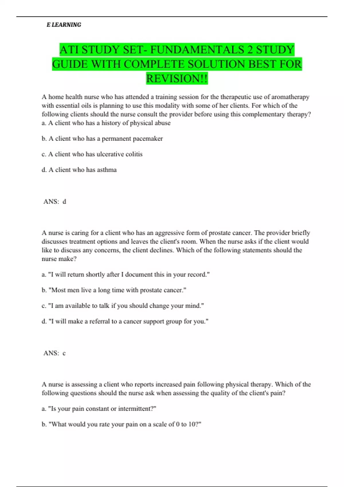 ATI STUDY SET- FUNDAMENTALS 2 STUDY GUIDE WITH COMPLETE SOLUTION BEST ...