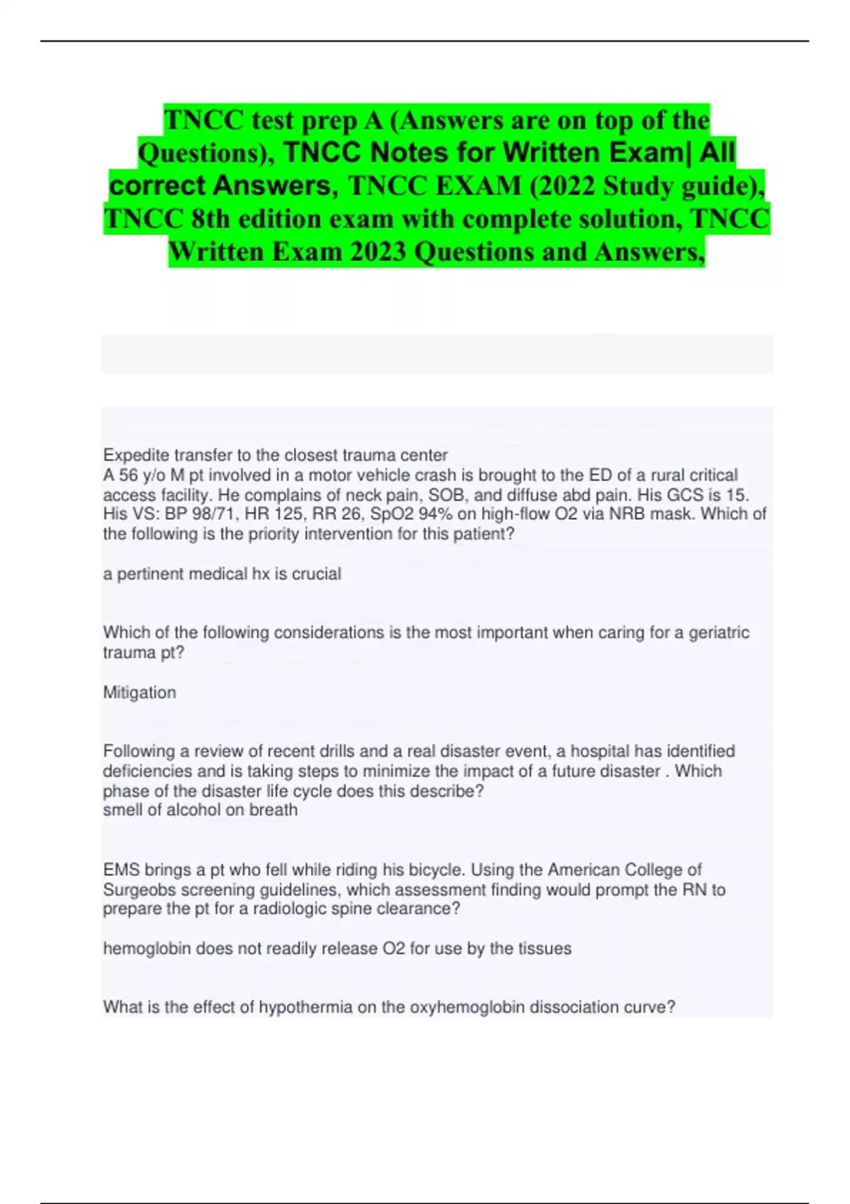 TNCC test prep A (Answers are on top of the Questions), TNCC Notes for