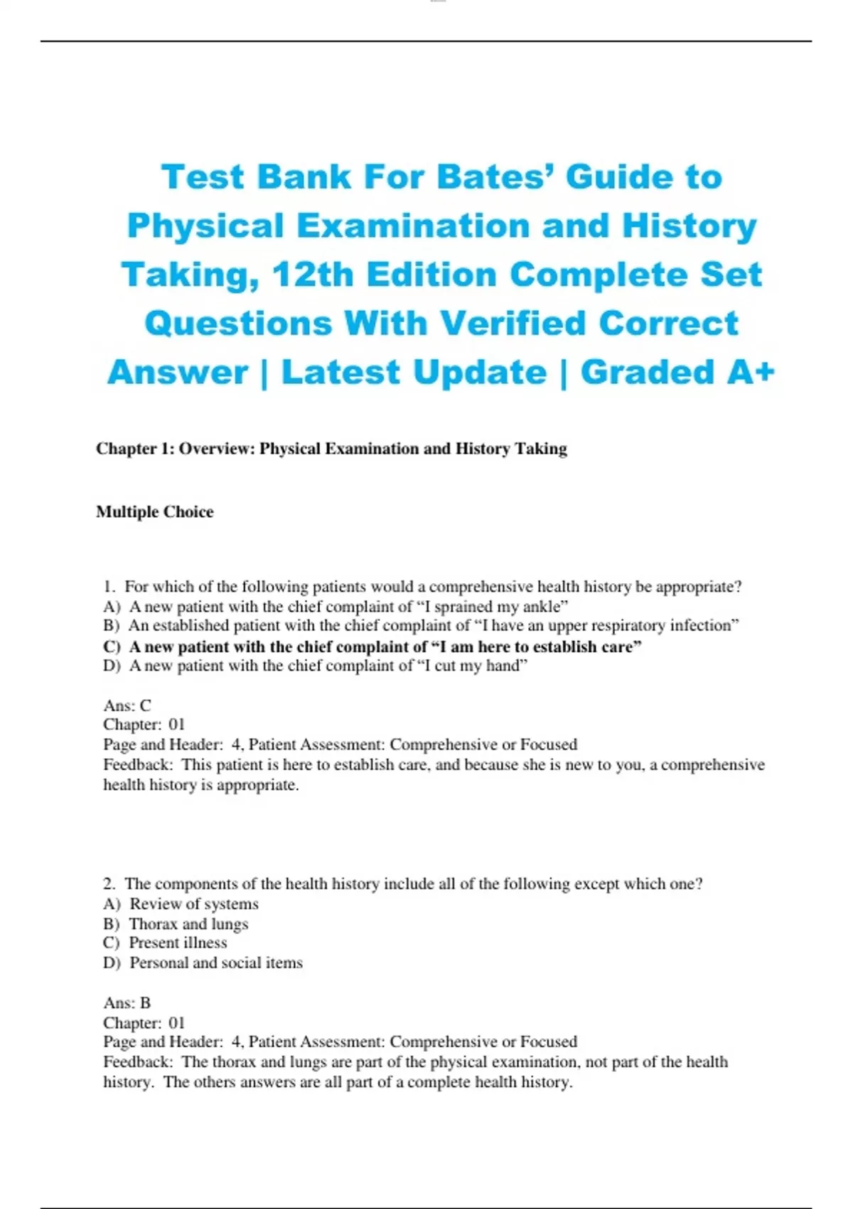 Test Bank For Bates’ Guide to Physical Examination and History Taking