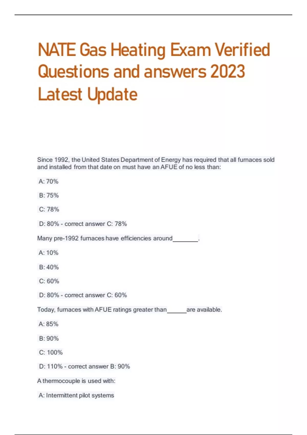 NATE Gas Heating Exam Verified Questions and answers 2023 Latest Update