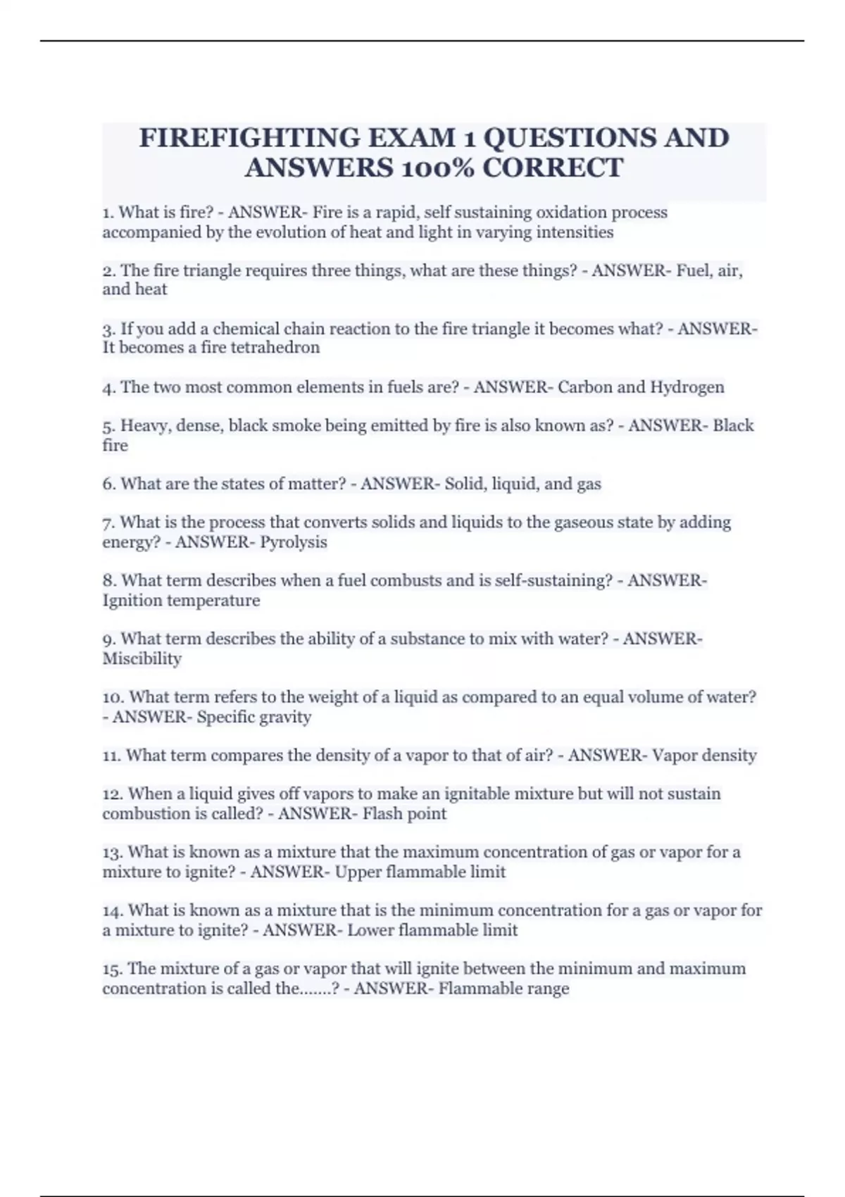 FIREFIGHTING EXAM 1 QUESTIONS AND ANSWERS 100 CORRECT Firefighter